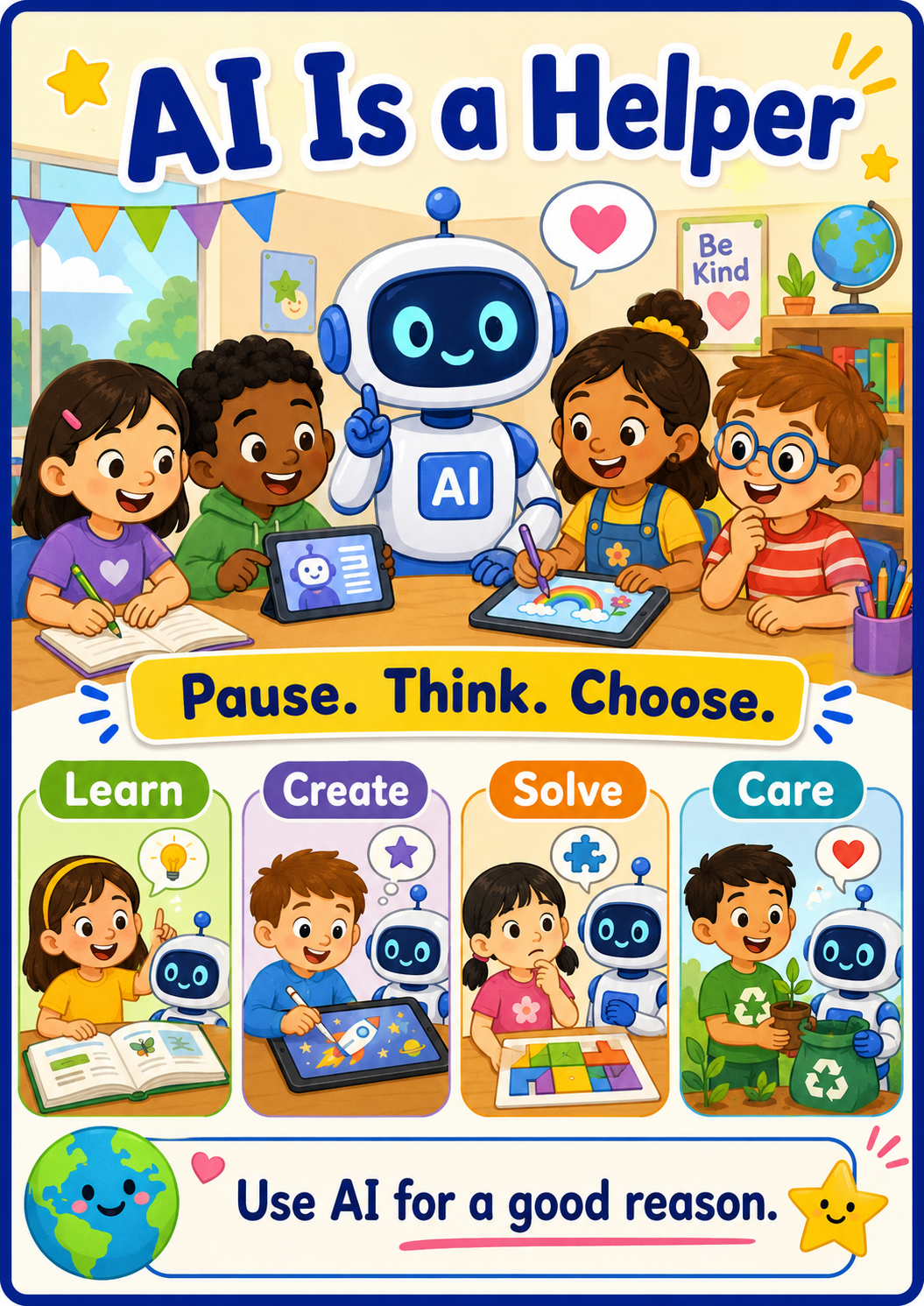 Grade 1 poster showing technology as a tool for learning, making, and caring