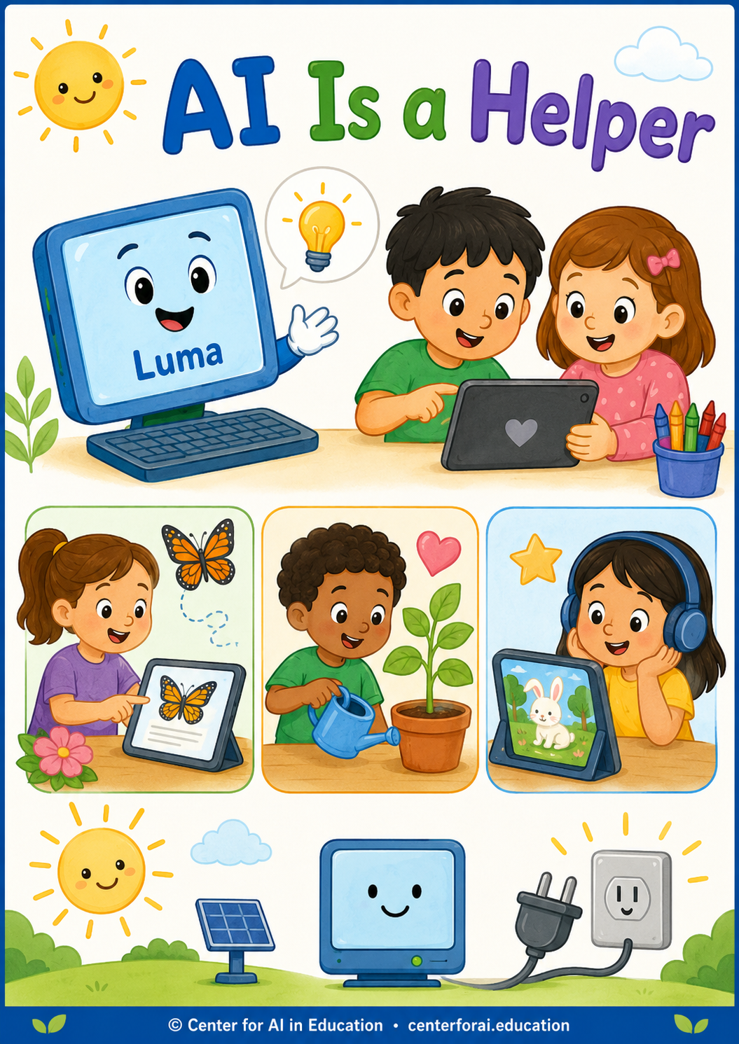 Kindergarten poster showing AI as a helpful computer friend that needs energy