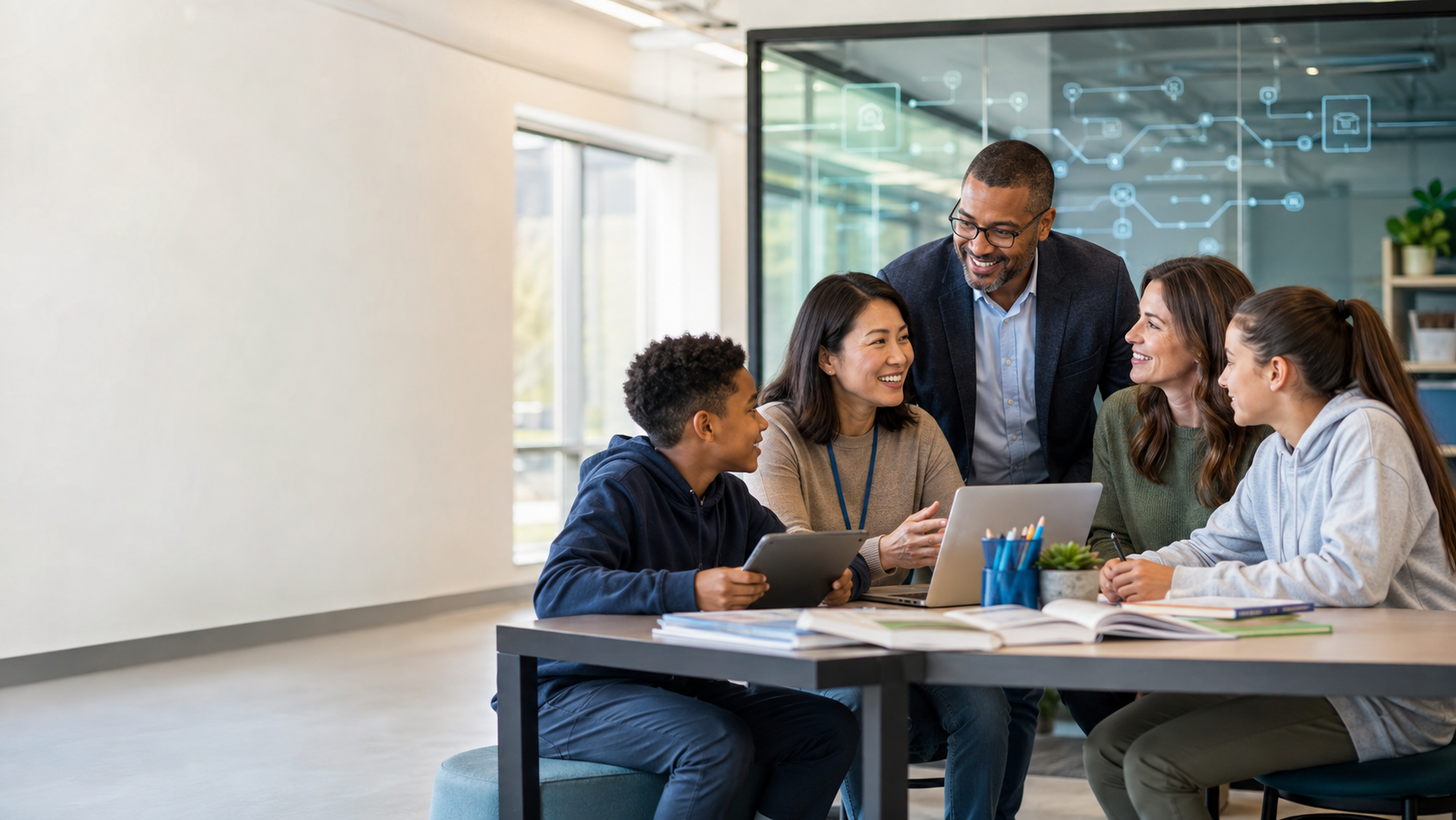Educators and students learning together around a laptop