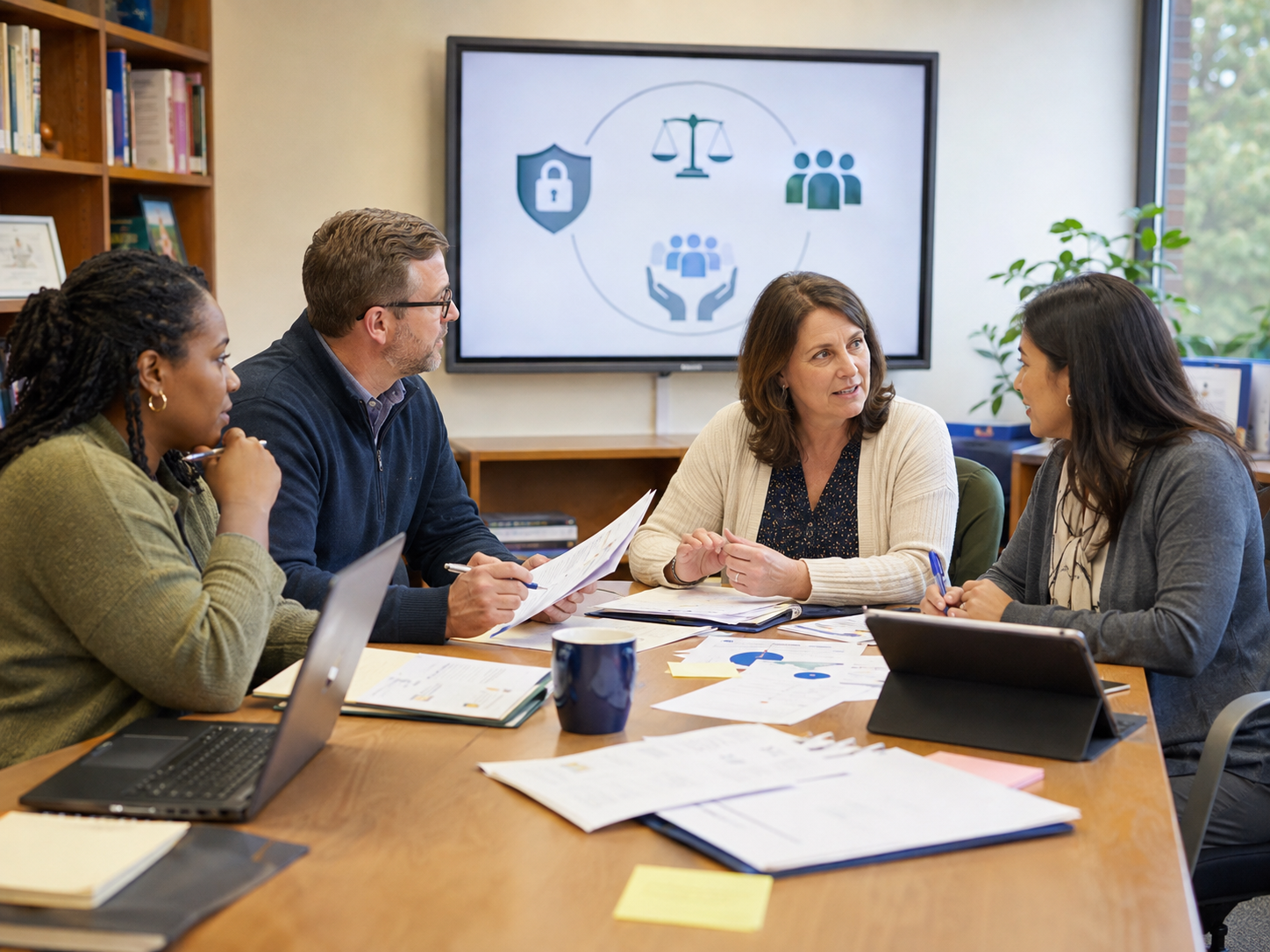 Institucional team discussing responsible AI standards and ethical implementation